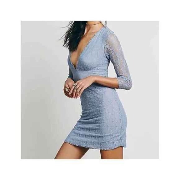 Free people when in Rome slip Dress Deep V Neck Sheer Long Sleeve Lined Soft Med - Picture 2 of 7